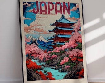 Pôster de viagem para o Japão | Paisagem com as cerejeiras em flor no Monte Fuji (Download digital) Arte de parede para imprimir
