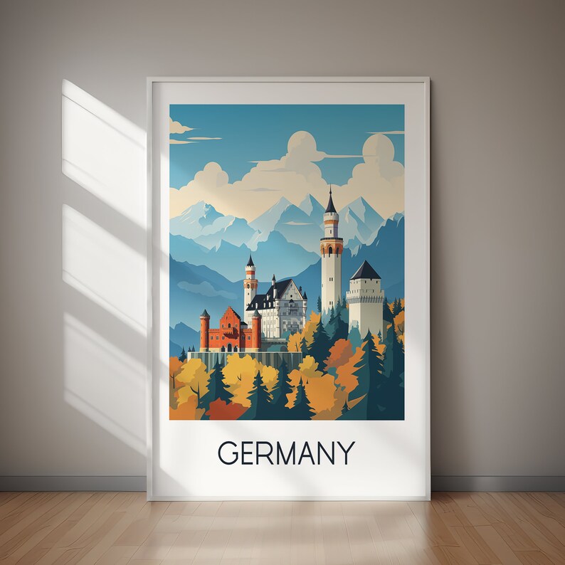 May include: A colorful illustration of Neuschwanstein Castle in Germany. The castle is depicted in a whimsical style with a blue sky, white clouds, and green trees. The text "GERMANY" is printed below the castle.