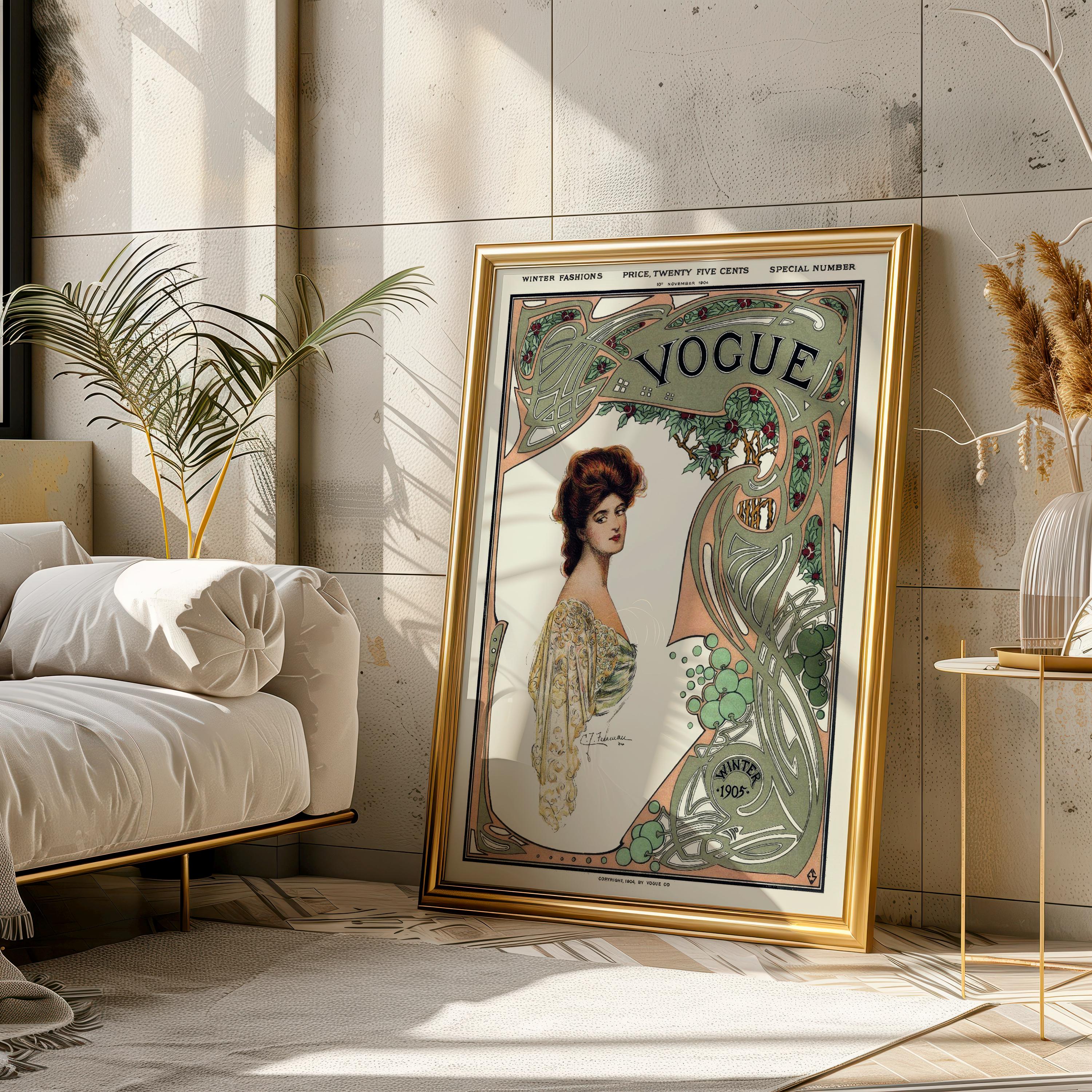 希少 ヴィンテージ VOGUE 木製 タイル アートデコ ポスター Vogue 1905 Winter Cover Art Nouveau Fashion Print DIGITAL DOWNLOAD