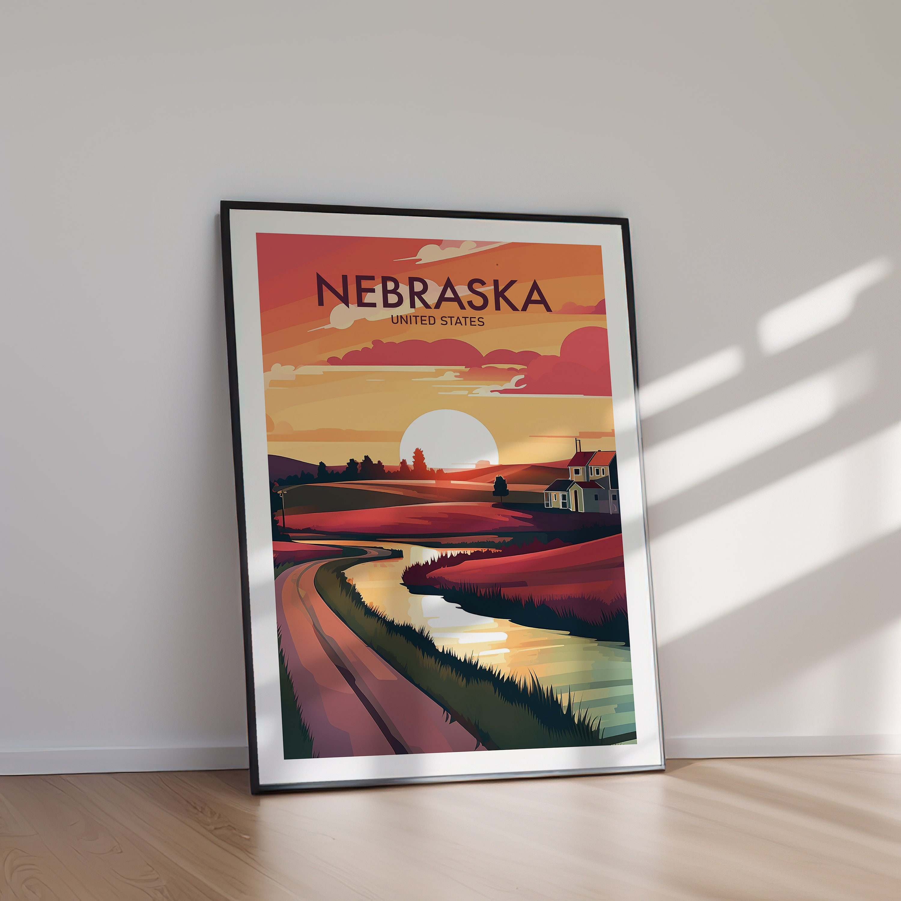 NEBRASKA Travel Poster Printable, Modern State Wall Art Digital Download, Prairie Landscape Home Decor Gift for Nature Lovers
