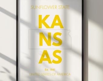 Kansas Sunflower State Art Print Modern Typography (Digital Download) Home Decor Printable Wall Art