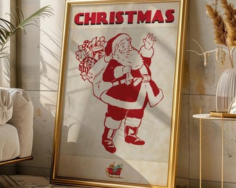 Vintage Christmas Poster Retro Santa Art DIGITAL DOWNLOAD Printable Home Decor