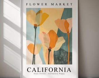 May include: A framed art print with a floral design of orange and yellow poppies. The words "FLOWER MARKET" are at the top, and "CALIFORNIA" is at the bottom, with "State Flower - California Poppy" below. The artwork has a modern, minimalist style.
