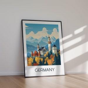 May include: A vintage-style poster featuring a colorful illustration of Neuschwanstein Castle in Germany. The castle is depicted with a blue sky, white clouds, and green trees. The text "GERMANY" is printed at the bottom of the poster.