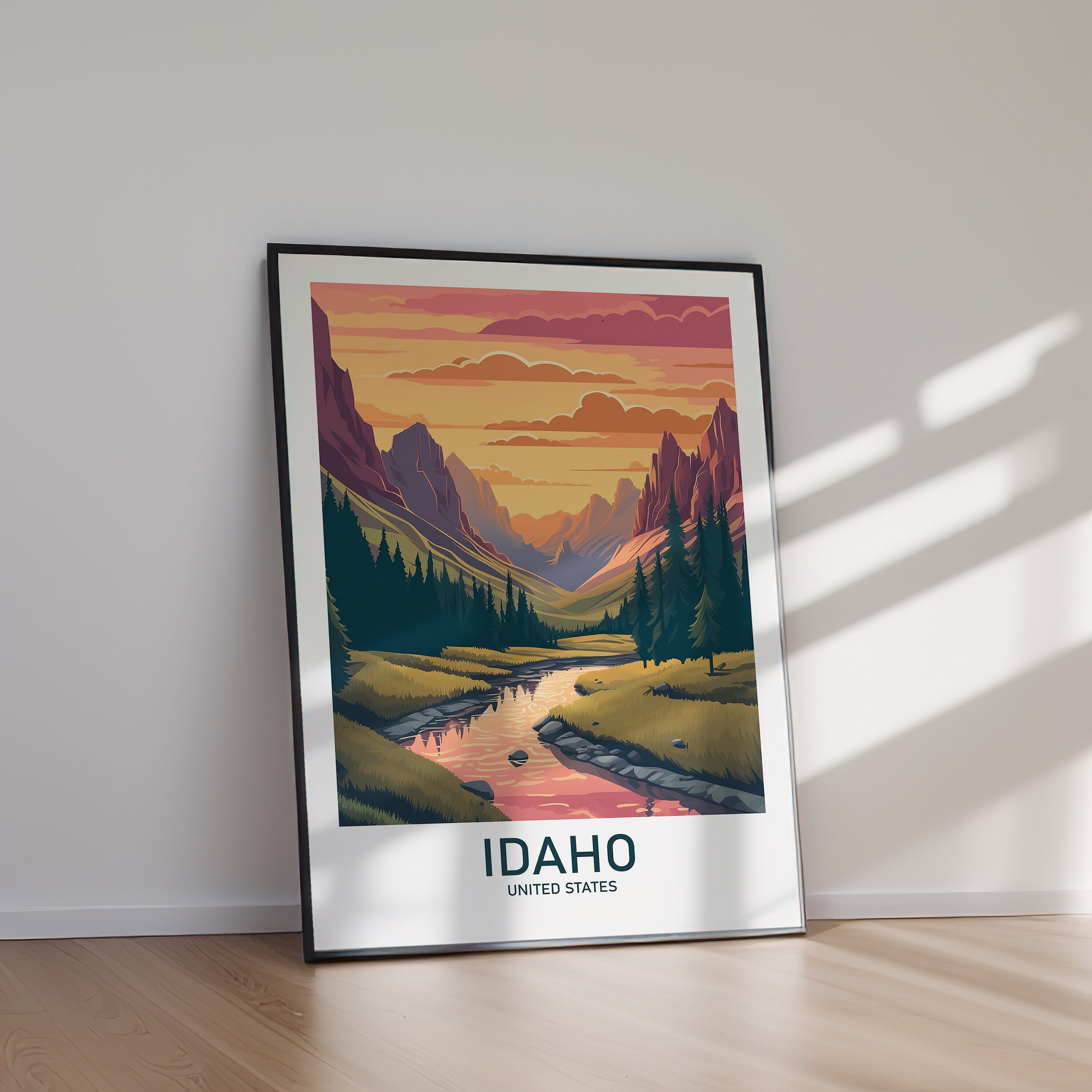 Idaho Travel Poster Printable, Modern State Wall Art Digital Download, Mountain Landscape Home Decor Gift for Nature and Adventure Lovers