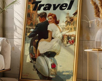 Póster de viaje vintage, lámina artística de scooter retro, lámina imprimible de arte de pared clásico.