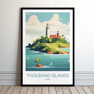Lámina artística minimalista de viaje de las Mil Islas (descarga digital) para pared, del lago Ontario.
