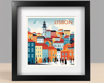 May include: Framed art print featuring a colorful illustration of Lisbon, Portugal. The artwork depicts buildings in shades of blue, orange, and red, with the city's name in orange text. A black frame surrounds the print.