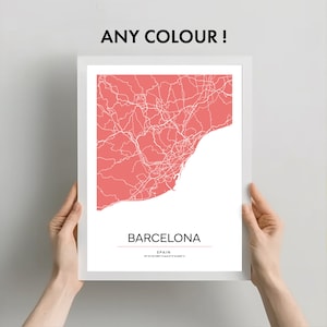 Barcelona Map Poster, schöner und zeitgenössischer Stadtplandruck, verschiedene Größen, herunterladbares Kartendruckposter, benutzerdefinierte Kartenfarben erhältlich