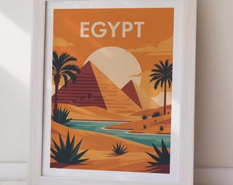 Póster de viaje de las pirámides de Egipto. Arte paisajístico moderno. Descarga digital. Arte mural imprimible.