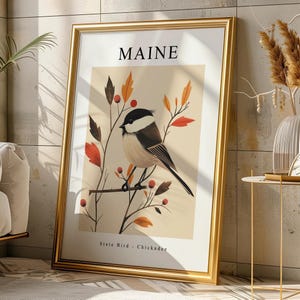 Póster de aves de Maine, carbonero, decoración instantánea para el hogar, descarga digital, arte mural imprimible, alta resolución, varios tamaños