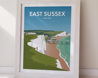 East Sussex Travel Poster English Coastal Art DIGITAL DOWNLOAD Printable Wall Art