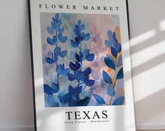 Texas Bluebonnet Flower Market Kunstdruck, Wildblumen-Wandkunst, rustikale botanische Dekoration aus Texas, digitaler Download