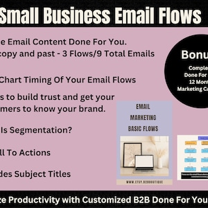 Op de afbeelding: Promotieafbeelding voor e-mailmarketing voor kleine bedrijven. Tekst omvat "Small Business Email Flows", "Email Marketing Basic Flows" en "Maximize Productivity". Extra tekst beschrijft inhoud, stroomdiagrammen en een marketingkalender.