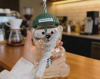 2026 Starbucks Green Hat Barista Bear Glass Cup Limited Edition Christmas Gift, Holiday Magic, Collectible Starbucks Cup, Festive Sips