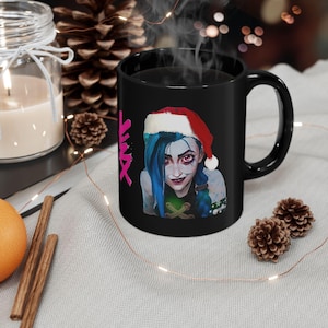 Arcane Santa Jinx Black Mug, League of Legends Christmas Get Jinxed Mug, Holiday Gift,Coffee Cup, Secret Santa Present, Festive Tea Mug,