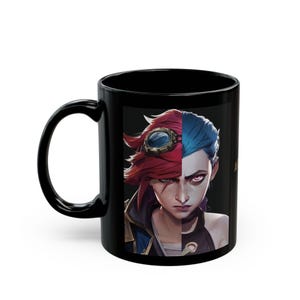 Arcane ,VI and Jinx ,Powder & Violet ,League of Legends ,Sister bond ,Coffee Cup, Gamer Gift, Gaming Decor, Black Ceramic Mug, 11oz, 15oz