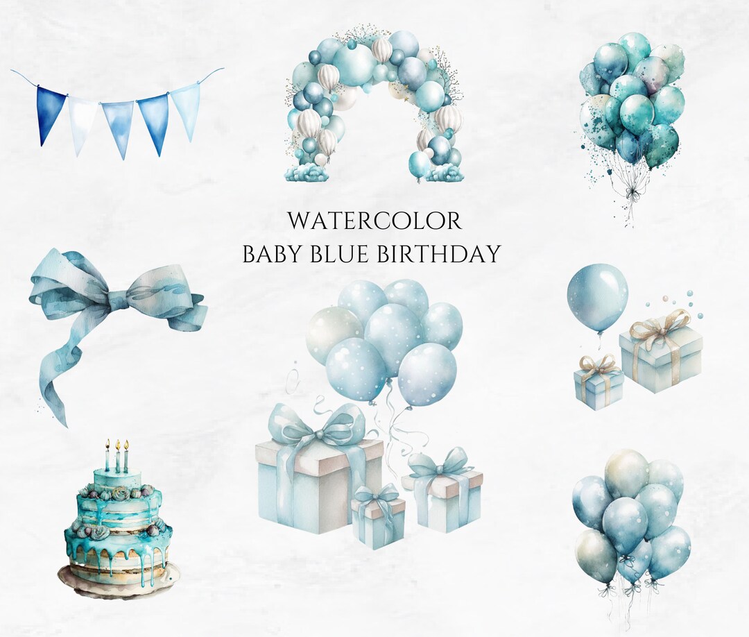 Watercolor Blue Baby Boy Birthday Gift Clipart PNG Birthday Present
