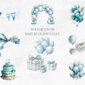 水彩画の青い男の子の誕生日プレゼントのクリップアート PNG 誕生日プレゼントの風船のクリップアートのバンドル パーティーのお祝いのクリップアート 即時ダウンロード