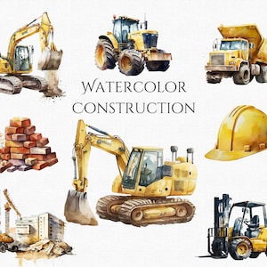 Clipart aquarela de veículos de construção para decoração de berçário PNG caminhão basculante guindaste clipart decoração de aniversário download digital uso comercial