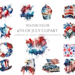 4th of July png Watercolor Clipart Bundle png Independence Day Clipart Patriotic png Digital Download 4th of July Clipart instant download