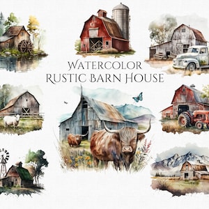 Acquerello rustico fattoria fienili Clipart PNG sublimazione bundle acquerello paesaggio paesaggio clip art download digitale sfondo trasparente