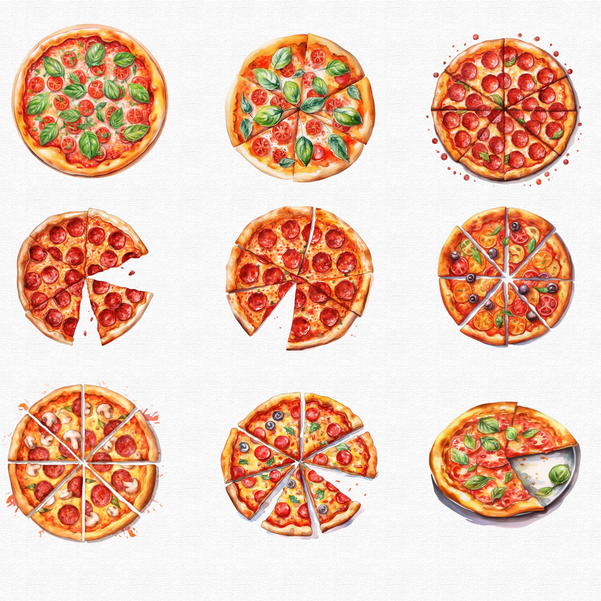 Watercolor Pizza Clipart Kawaii Food PNG Bundle Bakery Clip Etsy