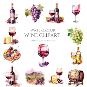 Aquarelle vin Clipart Bundle, téléchargement numérique, graphiques PNG, usage Commercial, célébration du vin blanc rouge, mariage Clipart, vin et fromage