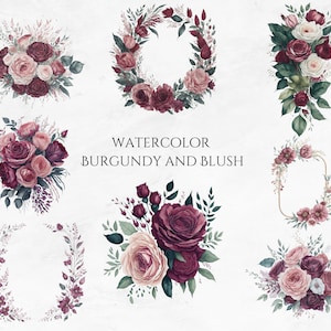 Bordeaux et Blush Aquarelle Floral Clipart PNG Floral Boho Wedding Graphics Bouquets de Bourgogne téléchargement numérique utilisation commerciale PNG ensemble
