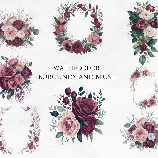 Burgundy and Blush Watercolor Floral Clipart PNG Floral Boho Wedding Graphics Burgundy Bouquets digital download commercial use PNG set