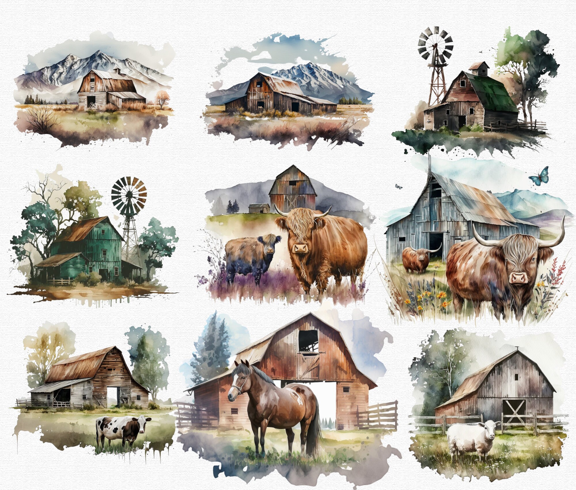 Watercolor Rustic Farm Barns Clipart PNG Sublimation Bundle Watercolour ...