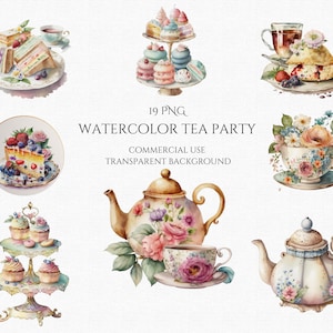 Aquarelle vintage Teacup clipart Bundle après-midi Tea party clip art Floral Tea Time PNG téléchargement numérique instantané pour les invitations d'anniversaire d'enfants