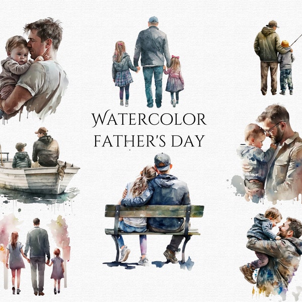 Father's Day clipart watercolor PNG bundle digital download Dad & Child clip art set Fathers Day gift for Him PNG transparent background