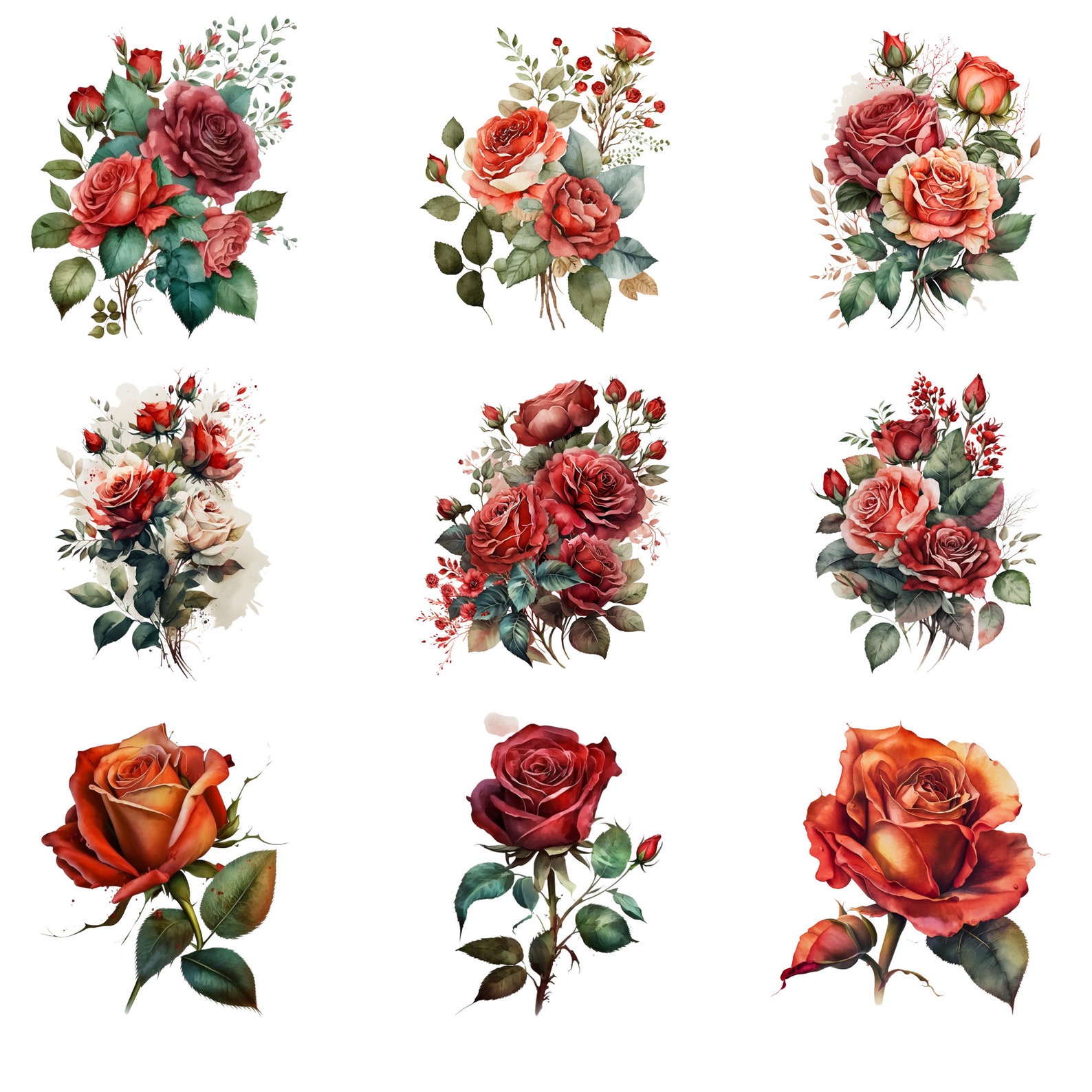 Watercolor Floral Red Roses Clipart, Rose Bouquet, Floral Clipart, Red