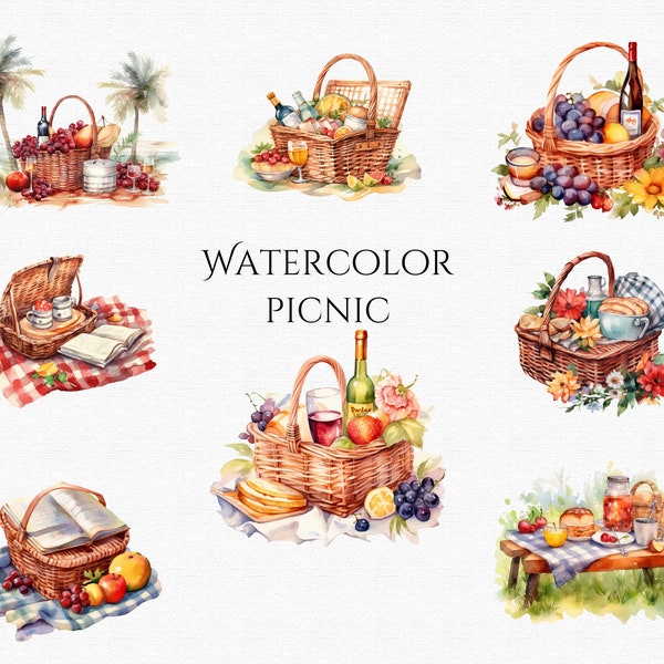 Watercolor Picnic Basket Clipart Printable Watercolor Picnic Clip art PNG Summer clipart Beach scenery Spring clipart PNG instant download