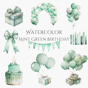 Vintage Neutral acuarela cumpleaños Clipart PNG globos verdes Clipart niños cumpleaños bebé ducha invitación PNG Descarga digital