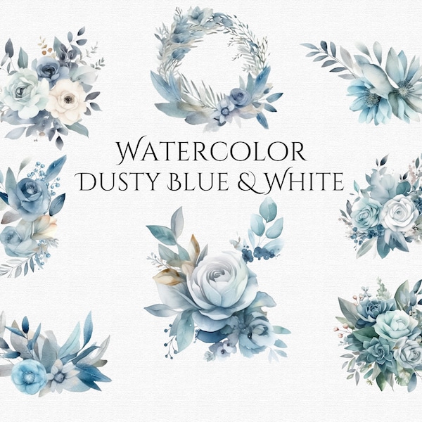 Dusty Blue flower floral clipart Watercolor Blue Peony Bouquet Blue Floral Frames Wedding clip art Wildflower border PNG digital download