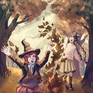 Puede incluir: Dos personajes de estilo anime en un entorno de bosque. Un personaje lleva un sombrero de bruja y un atuendo rojo y negro. El otro personaje lleva un suéter blanco y una falda marrón. Ambos personajes sonríen y lanzan hojas al aire. El texto "8.5" x 11" ART PRINT" está en la parte superior de la imagen.
