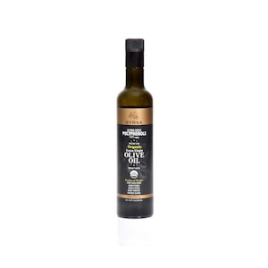 May include: A tall, dark glass bottle of Byrsa organic extra virgin olive oil with a black cap. The label features white and gold text, including 'Ultra High Polyphenols 1371 mg/kg', 'First Cold Press', and a net volume of 500 ml (16.91 fl oz).
