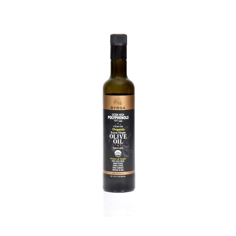 May include: A tall, dark glass bottle of Byrsa organic extra virgin olive oil with a black cap. The label features white and gold text, including 'Ultra High Polyphenols 1371 mg/kg', 'First Cold Press', and a net volume of 500 ml (16.91 fl oz).