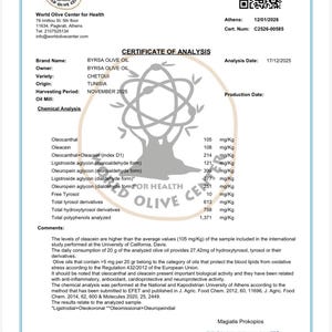 May include: A white Certificate of Analysis document from the World Olive Center for Health for Byrsa Olive Oil, variety Chetoui from Tunisia. It lists chemical analysis results in mg/kg, a QR code, and a signature from Professor Prokopios Magiatis.
