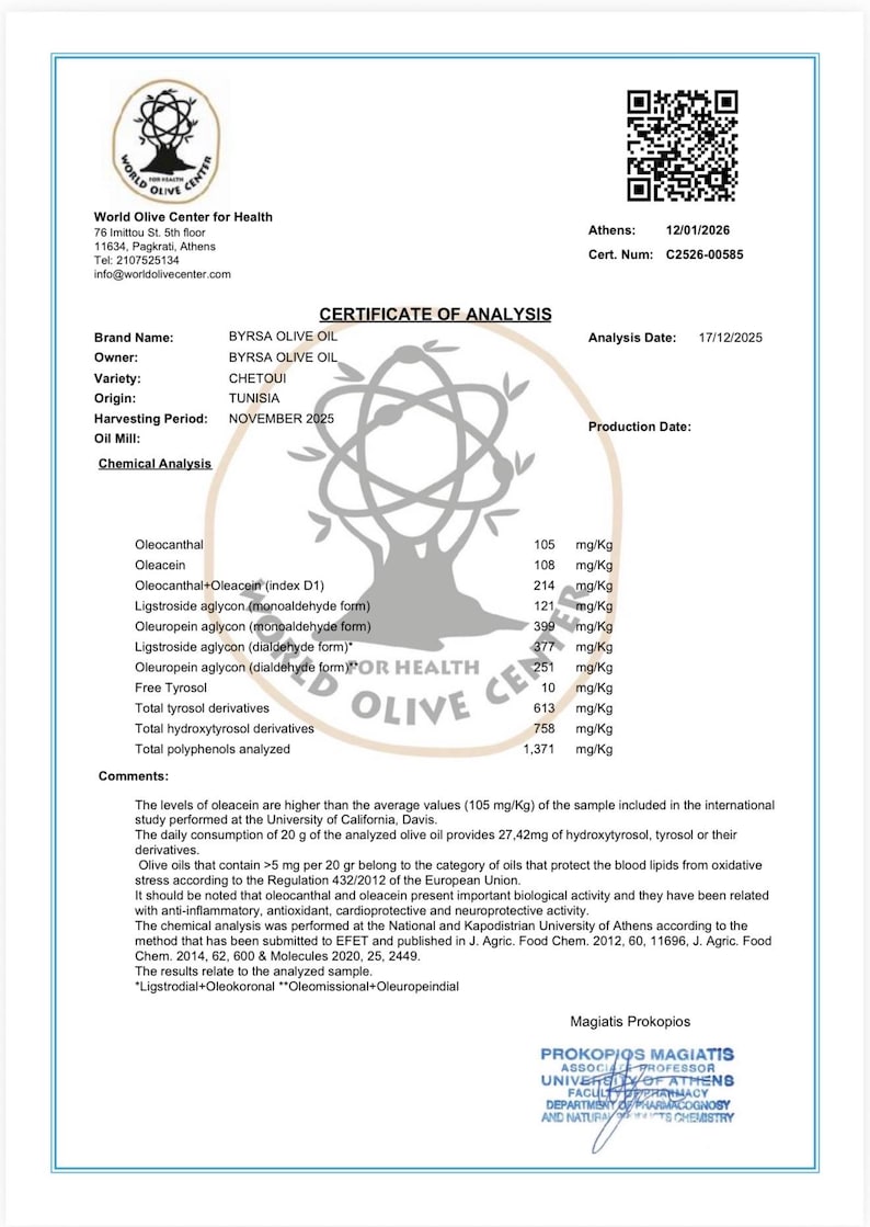 May include: A white Certificate of Analysis document from the World Olive Center for Health for Byrsa Olive Oil, variety Chetoui from Tunisia. It lists chemical analysis results in mg/kg, a QR code, and a signature from Professor Prokopios Magiatis.