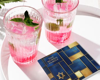 Personalized Ceramic Beverage Coaster; Non-Slip, Cork Back, Judaica Home Décor Gift #1