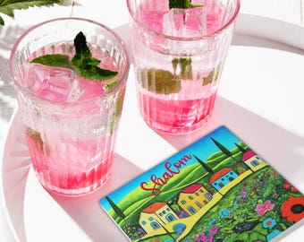 Ceramic Beverage Coaster; Non-Slip, Cork Back, Judaica Home Décor Gift #7