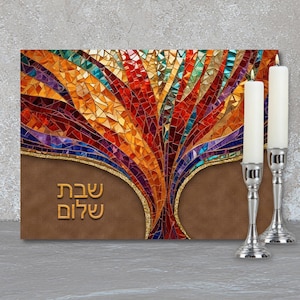 Candle Lighting Tray: Shabbat Shalom Print Design in Tempered Glass, Tree of Life, Judaica Gift 8in x 11in #4