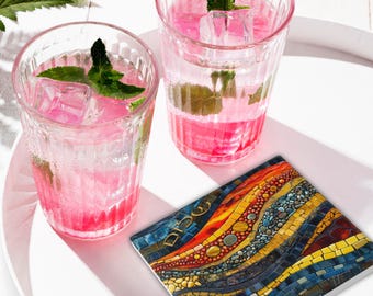 Ceramic Beverage Coaster; Non-Slip, Cork Back, Judaica Home Décor Gift #6