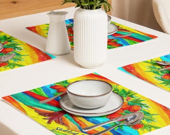 Premium Cloth Placemats: Ethnically Inspired, Original Organic Design, Holiday, Judaica Home Decor Gift Set of 4 (18” x 14”) #20