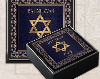Personalized Bar Bat Mitzvah Jewelry Box: Varnished Wood, Ceramic Tile Top #16