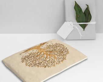 May include: A beige zippered pouch with a brown tree of life design. The pouch is made of a soft, textured fabric.