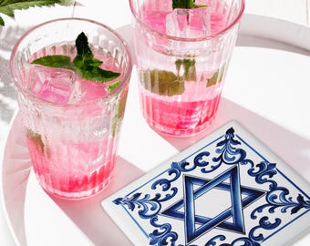 Ceramic Beverage Coaster; Non-Slip, Cork Back, Judaica Home Décor Gift #3